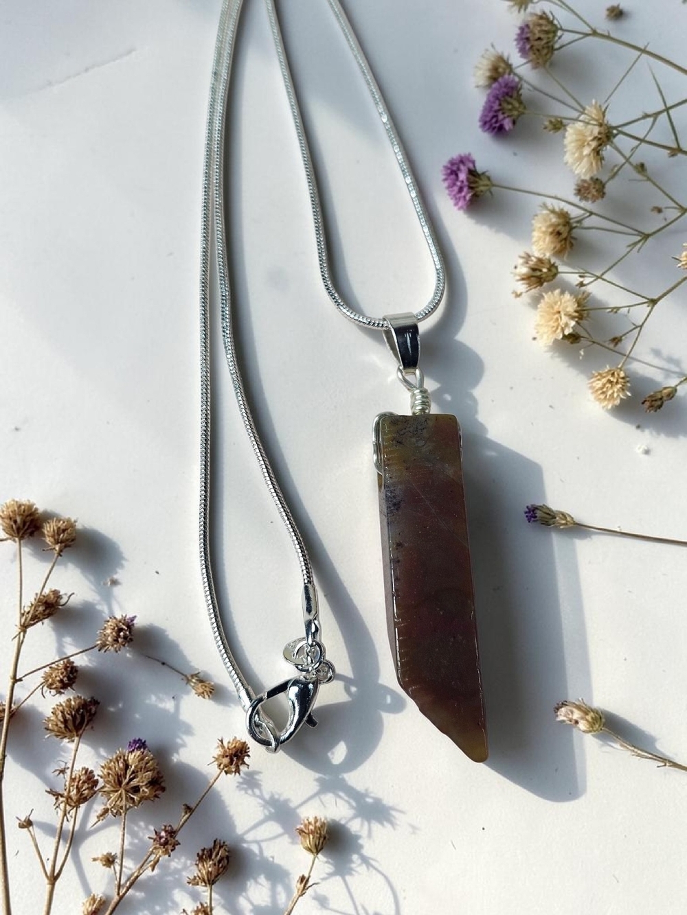 Silver Necklace with Brown Natural Stone Pendant